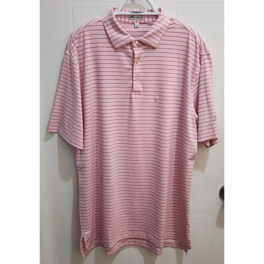 Peter Millar Pink Stripe Stretch Golf Polo Shirt Size‎ L Polyester Spandex Blend